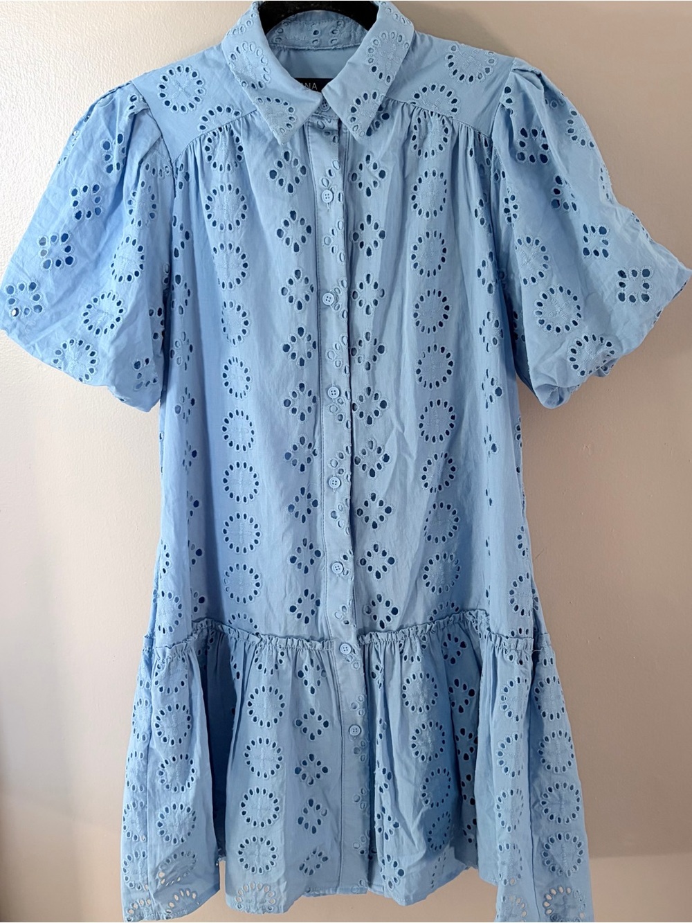 Donna Morgan Light Blue Eyelet Mini Dress Size 2 Cottagecore Preppy NWOT
